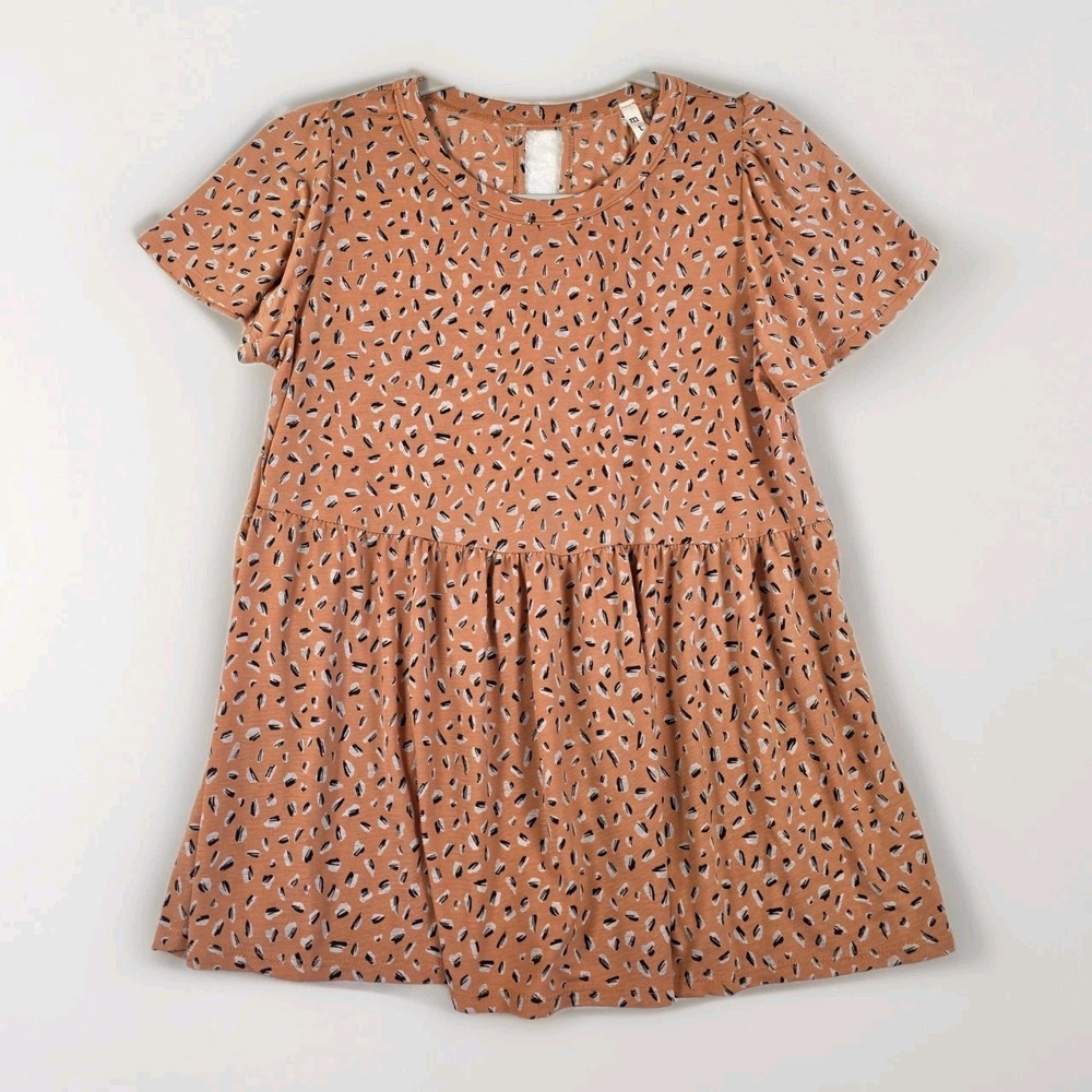 MTS Babydoll Tunic Ruffle Sleeve Peach Abstract Blouse